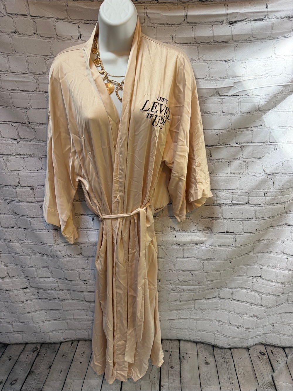 Sioro Satin Robe L Let’s Level TF Up Champagne Long Kimono Bathrobe